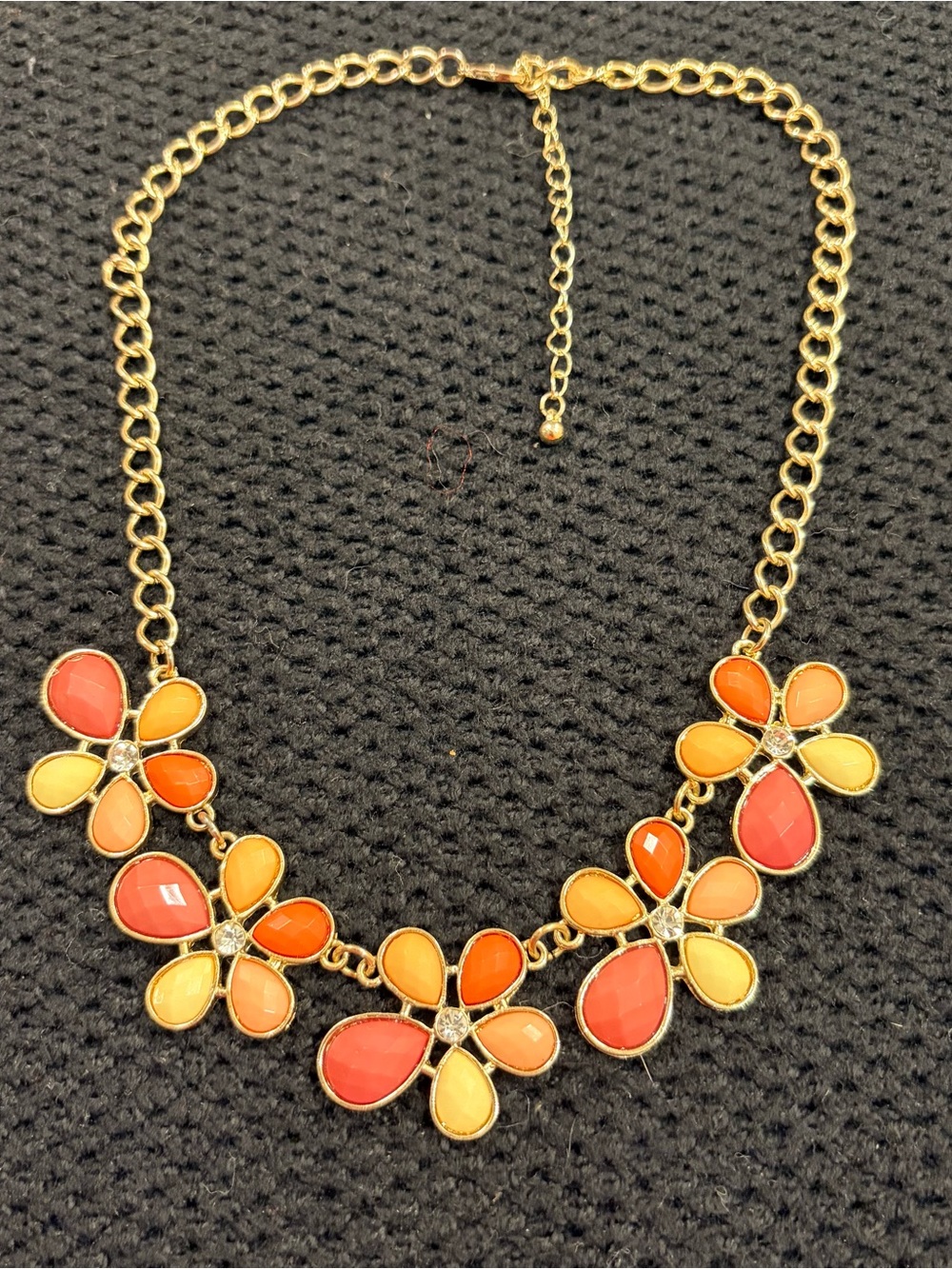 Coral Orange Yellow Floral Statement Necklace Gold Tone Rhinestone Bib J024